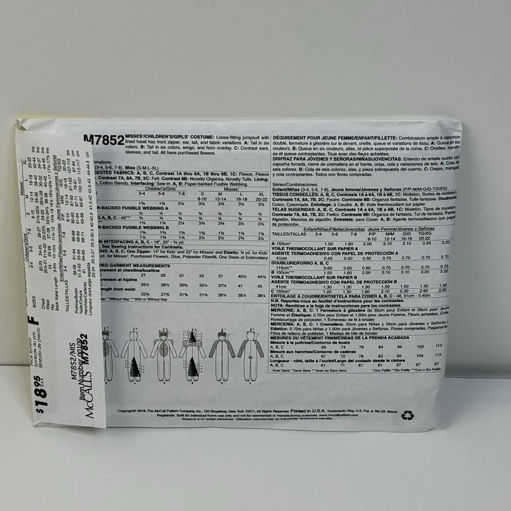 Adult Unicorn Costume Jumpsuit Cosplay Size 8-22 S-XL  UNCUT Pattern m7852